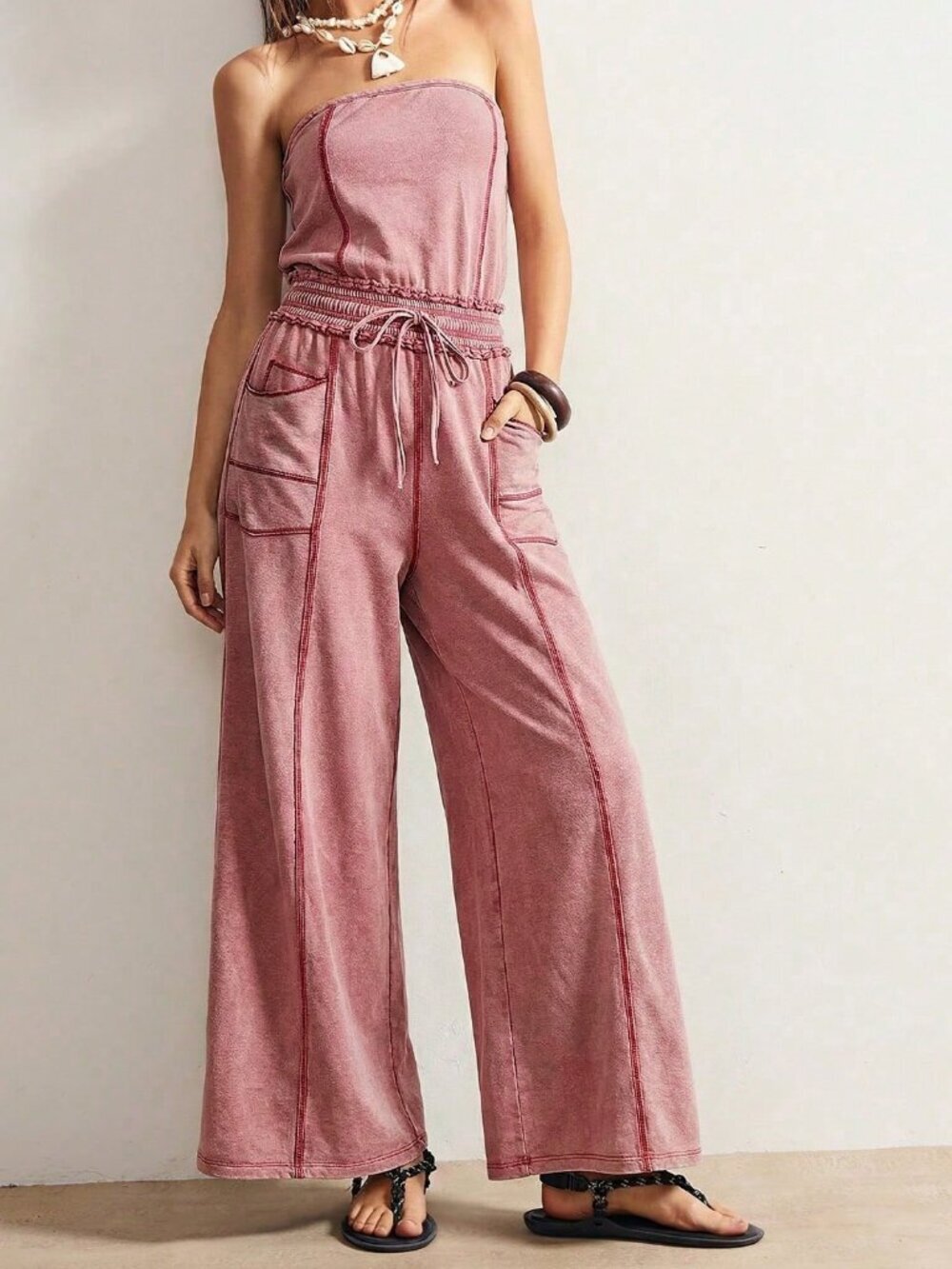 Rust Brown Casual Women's Knitted Strapless Jumpsuit - Picture 7 of 7
